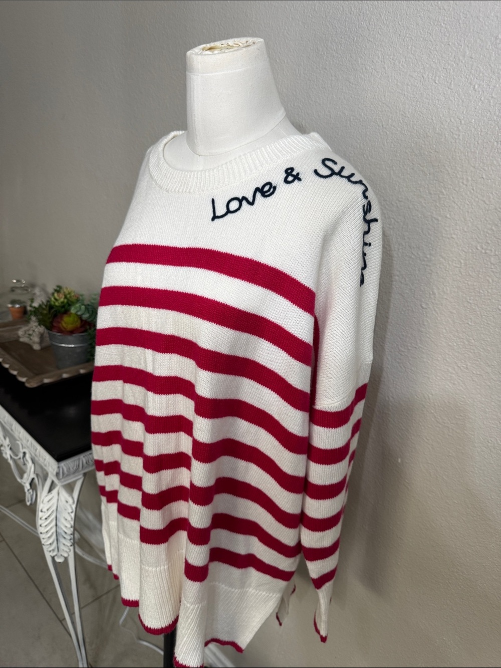 Lilly Pulitzer White & Pink Striped Crewneck Sweater with 'Love & Sunshine'